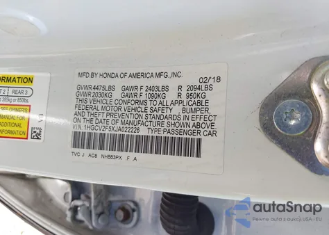 2018 Honda Accord Ex-L 2.0T из США, поврежденный, VIN 1HGCV2F5XJA022226